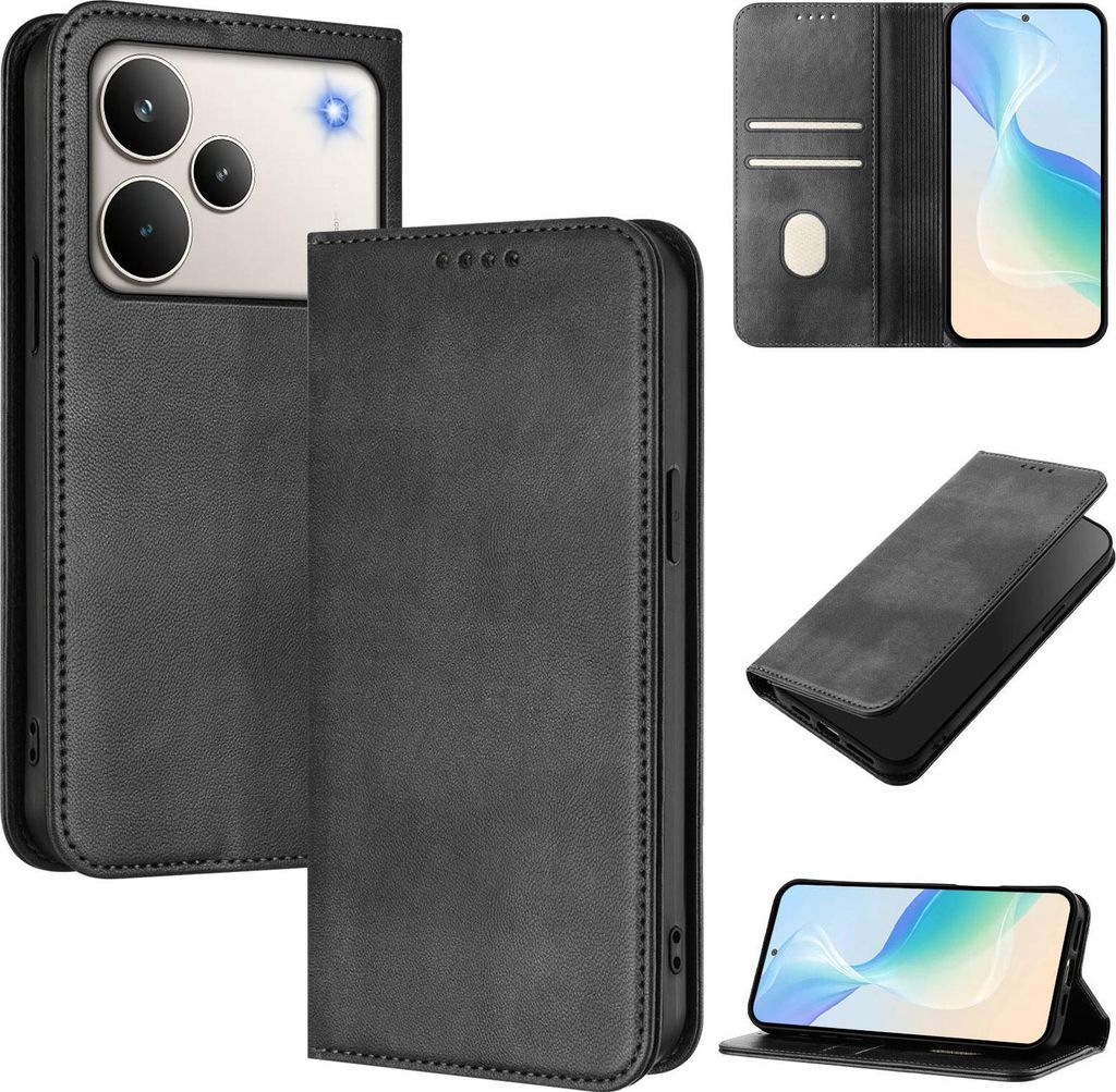 Handyhülle für Realme P4 Pro, Vintage Leder RFID Schutz Kartenfach Standfunktion Magnetische Klapphülle Schwarz