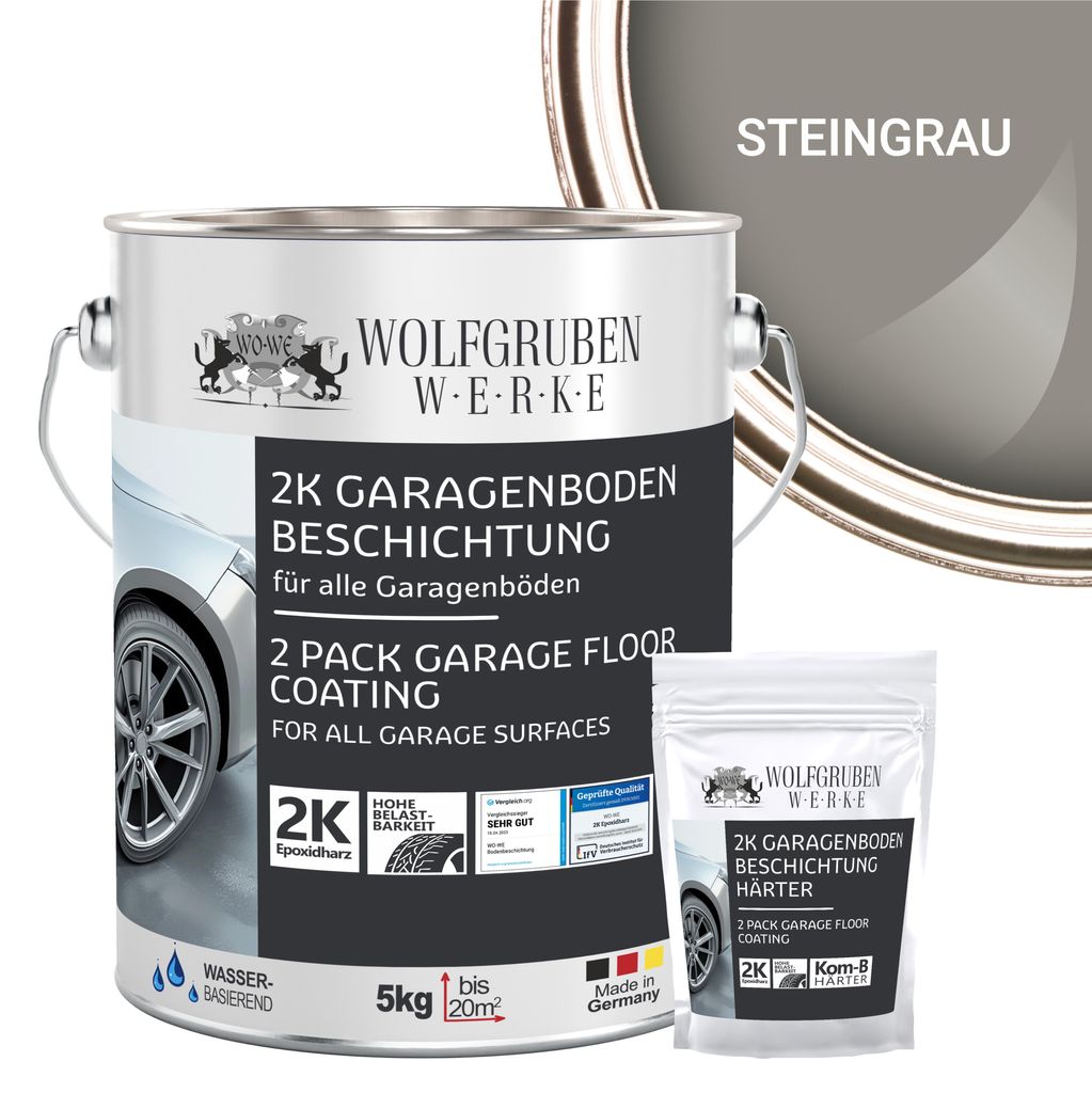 2K Garagenbodenbeschichtung Garagenfarbe Garagenbodenfarbe Epoxidharz Bodenbeschichtung für Garage Werkstatt Keller - Steingrau l 5kg