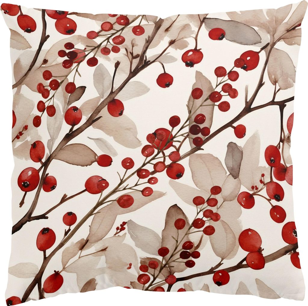 Dekokissen mit Motiv draußen / Outdoor Zierkissen waschbar Pflanzen rot Aquarell Illustration Sofakissen mit Füllung