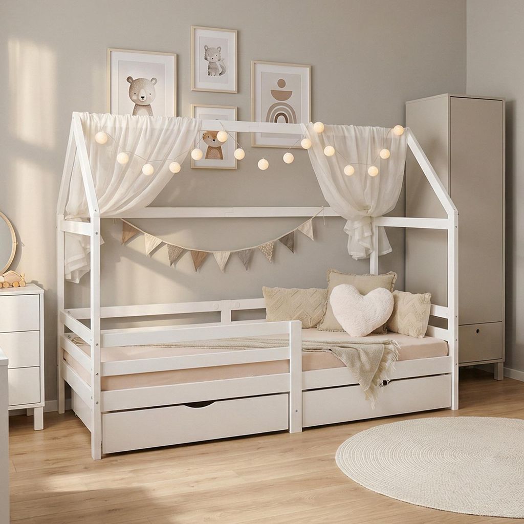 Homestyle4u Kinderbett 90x200 mit Rausfallschutz Hausbett Produktbild 