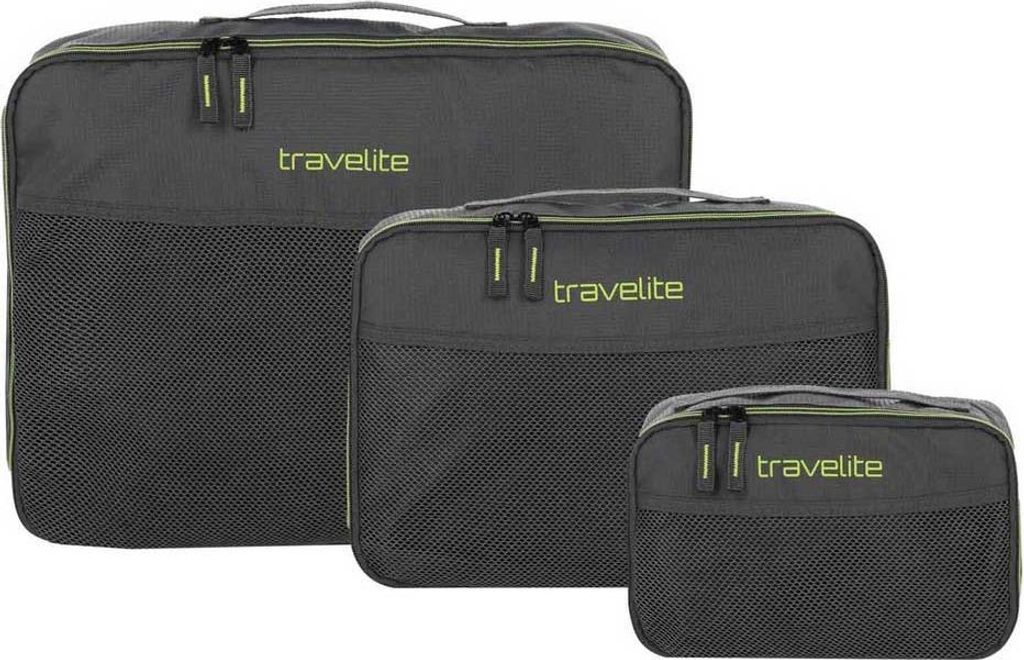 Three packing cubes of different sizes are arranged in a staggered formation against a white background.