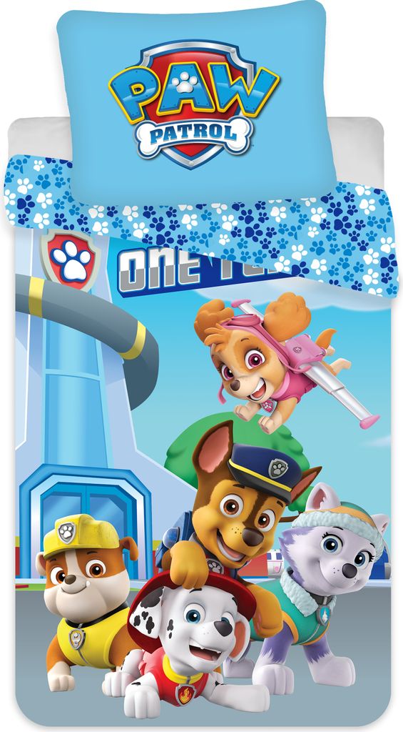 A Paw Patrol themed bedding set with a pillow and duvet cover featuring various characters.