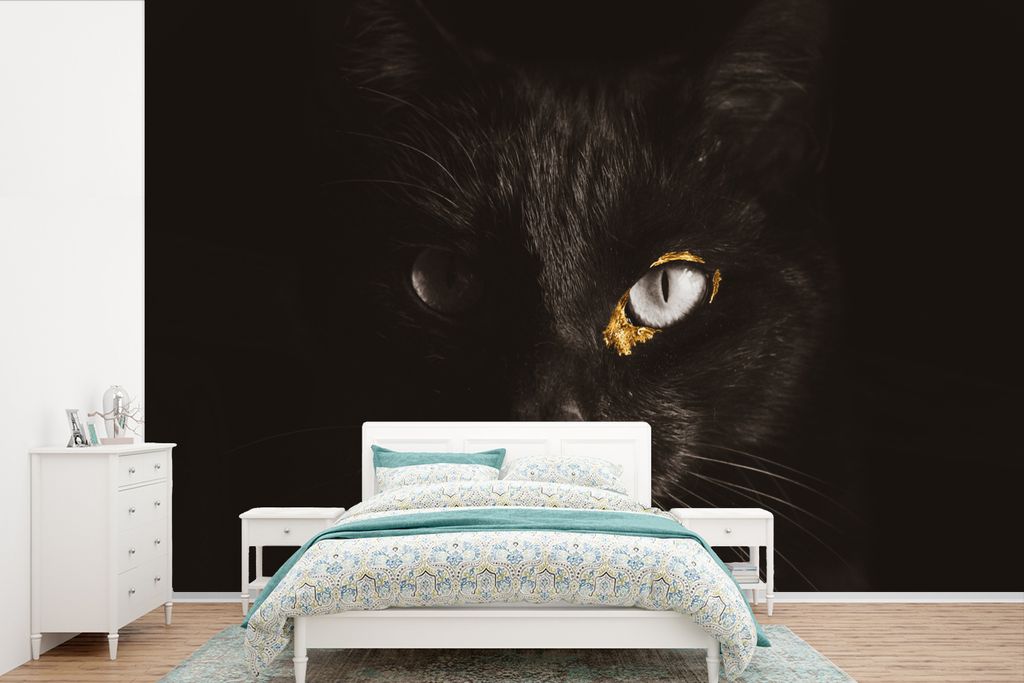 MuchoWow Fototapete für Wohnzimmer oder Schlafzimmer Wandtapete Vinyl Motivtapete Katze - Gold - Schwarz - 600x400 cm - Vinyltapeten