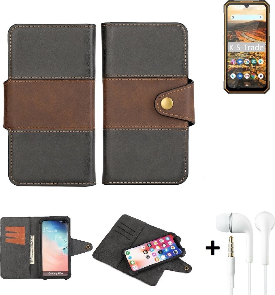 K-S-Trade Handyhülle Schutzhülle Bookstyle Wallet-Case kompatibel mit Cubot KingKong 5 + earphones Bumper rundumschutz schwarz-braun 1x