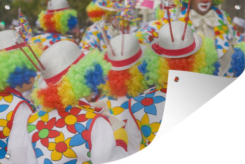 MuchoWow 90x60 cm Outdoor-Poster Gartendeko Sichtschutz Garten Poster für den Garten Kinder als Clowns bei Straßenumzügen im Karneval