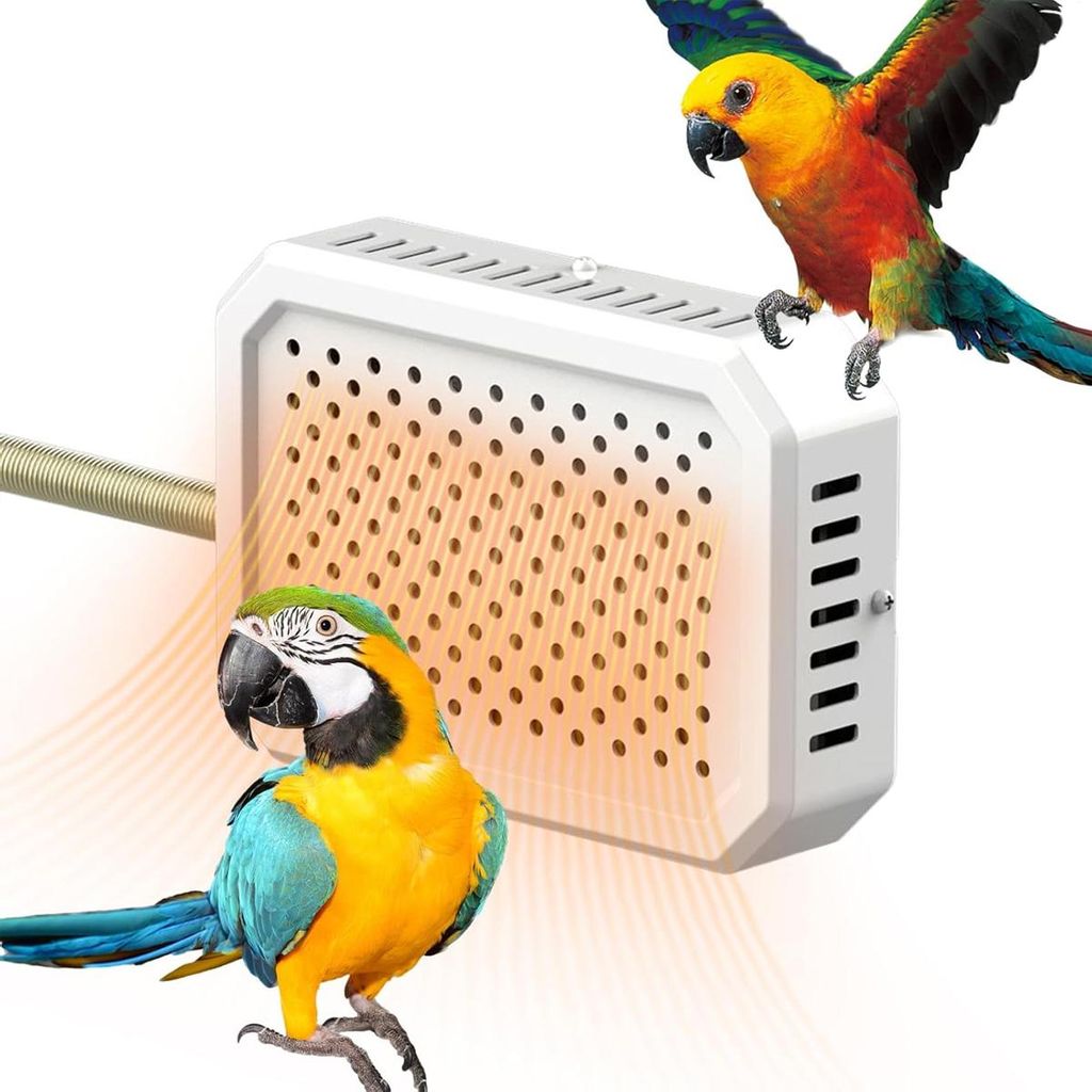 A white heating device with orange heat waves emanating from it, and two parrots near it.