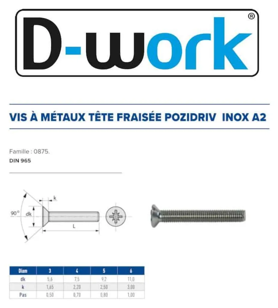 200 Vis Métaux Tête Fraisée Pozidriv 5 x 60 mm DIN 965 Inox A2 D-Work