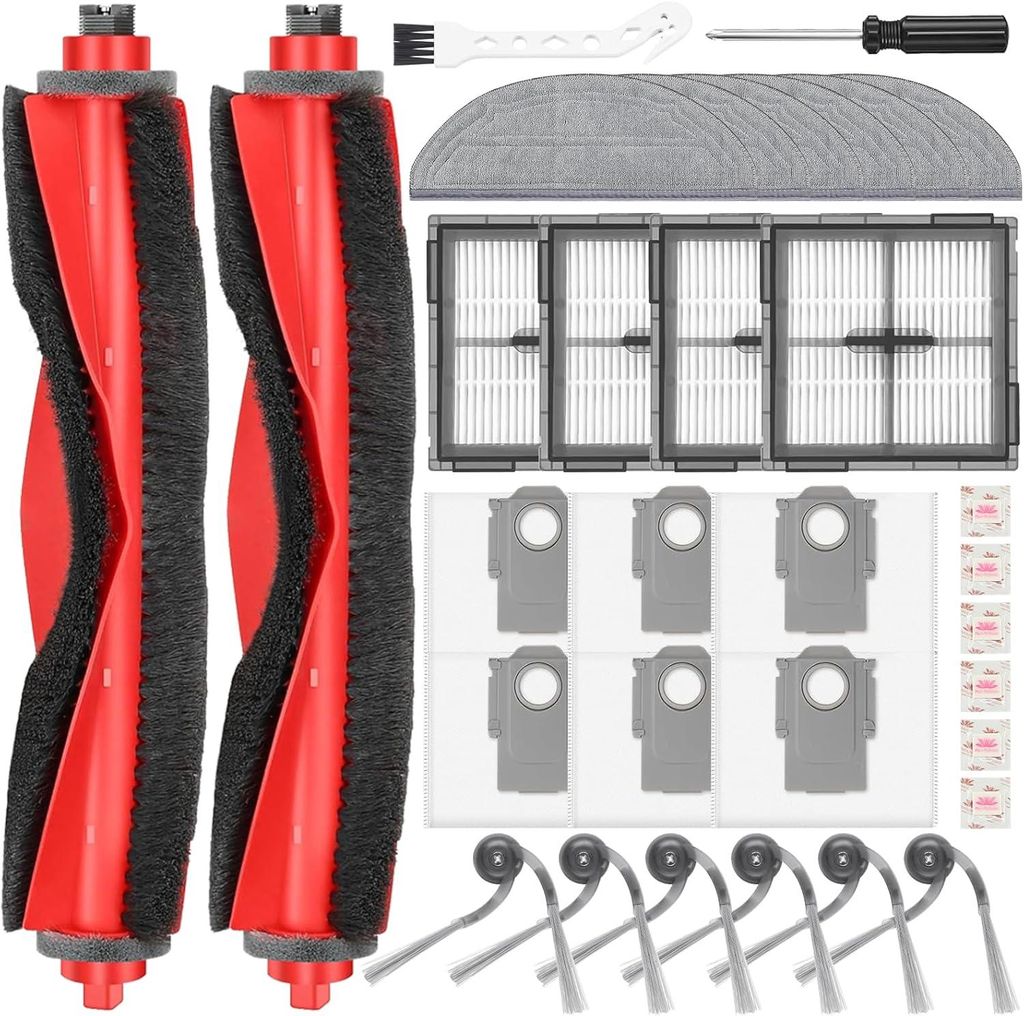 32 Stück Zubehörset für Roborock Q10 S5+ Staubsauger, 2Hauptbürsten,6Staubbeutel,6Filter,4Wischtücher,6Seitenbürsten,6Flach-Duftstein,1Reinig...