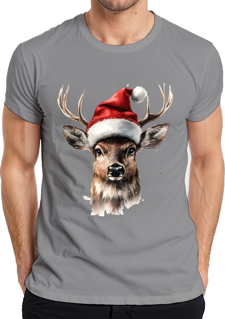 Weihnachtsrentier Geweih Santa Hut Aquarell Weihnachten Geschenk Herren T-Shirt, Grau, S