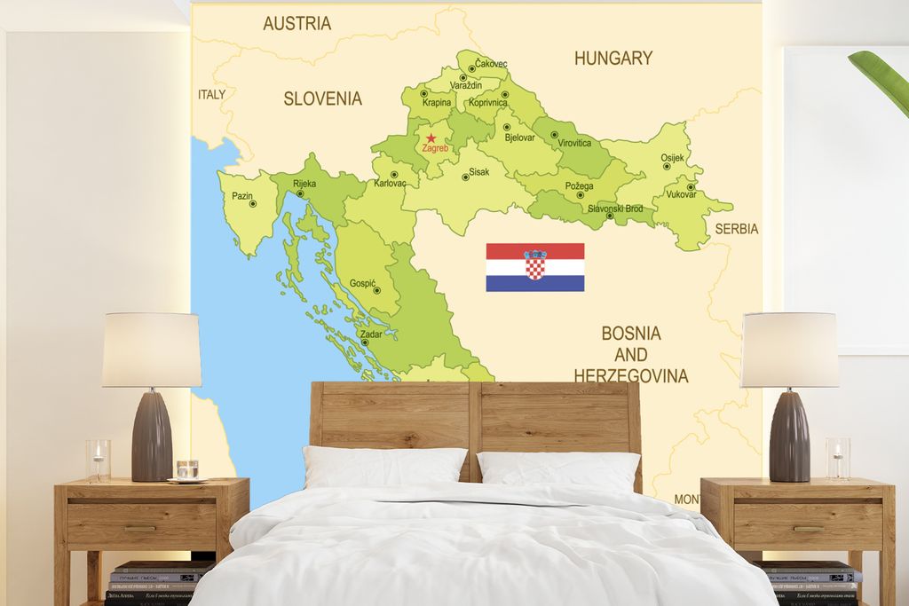 MuchoWow Fototapete für Wohnzimmer oder Schlafzimmer Wandtapete Vinyl Motivtapete Karte von Kroatien mit der Flagge - 240x260 cm - Tapezier Papier