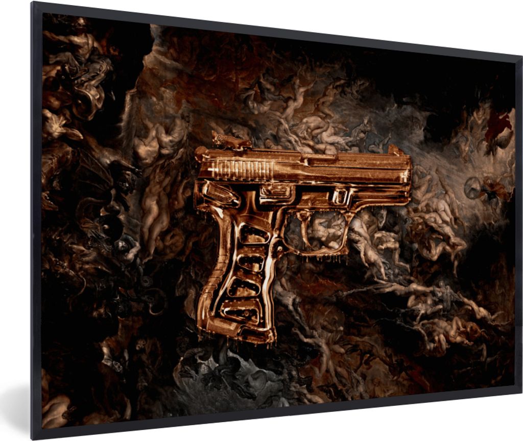 MuchoWow Gerahmtes Poster Pistole - Gold - Schwarz 90x60 cm - Poster mit Schwarzem Bilderrahmen Wandposter Rahmen Foto Bilder - Fotorahmen - Foto...