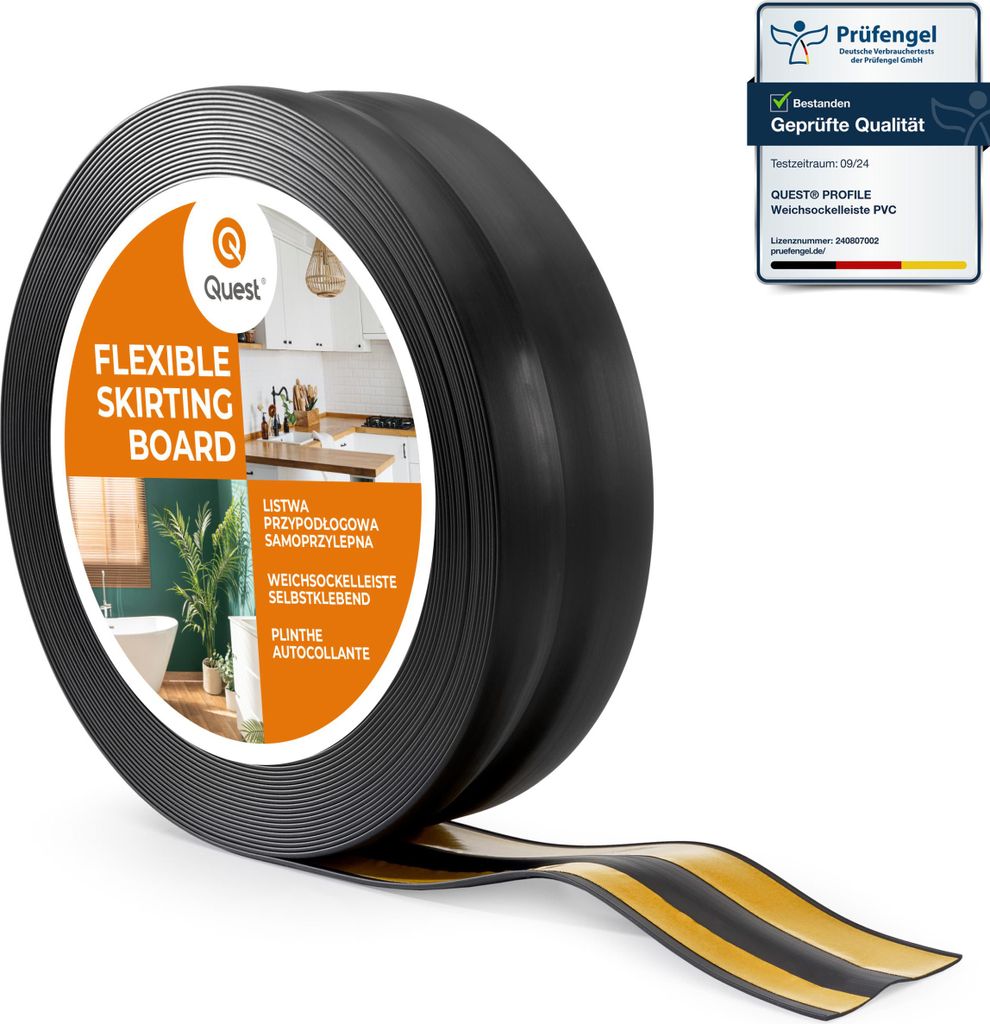 Sockelleiste Selbstklebend 32x23 mm Kunststoff, Knickleiste für Wand Boden, Flexibel Dekorativ UV-beständig, schwarz, 20 m | QUEST
