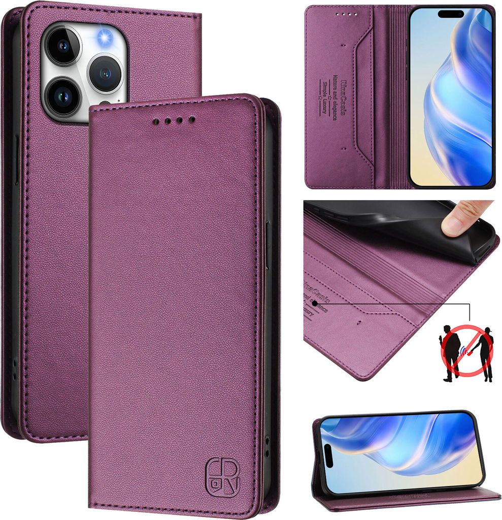 Lederhülle für iPhone 16 Pro Max Hülle Flip Brieftasche Kartenfächern Ständer Schutzhülle Lila
