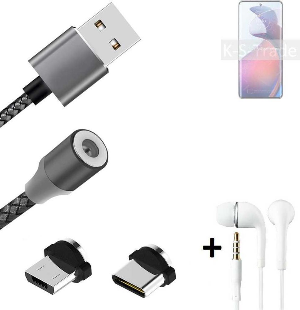 K-S-Trade Hochwertiges Magnet-Lade-kabel Sync-Kabel Daten-Kabel + Kopfhörer kompatibel mit Motorola S30 Pro mit USB-Typ-C-Anschluss und