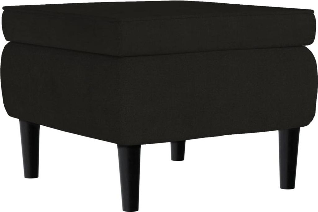 A black velvet ottoman with wooden legs is shown against a white background.