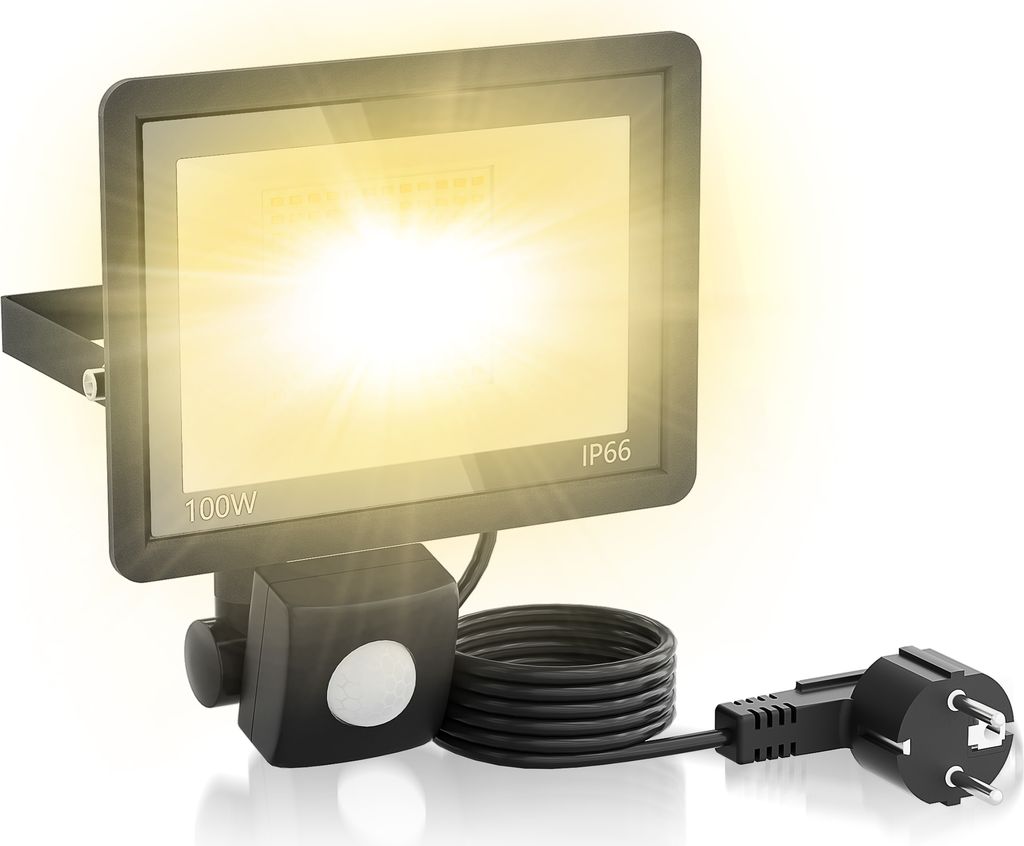 A black LED floodlight with a motion sensor and a power plug is shown against a white background.