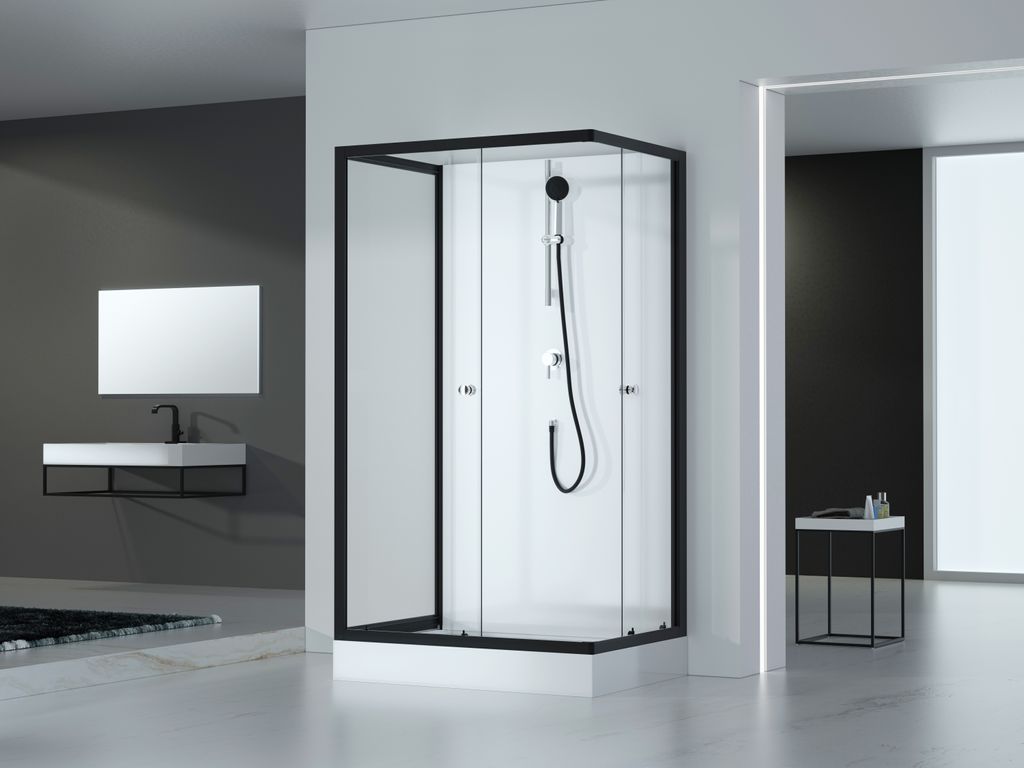 Dusche Komplett MARWELL Komplettdusche Fertigdusche Black and White 80 x 110 x 200 cm – Komplett Set inkl. Duschwanne und Armatur - Duschkabine m...