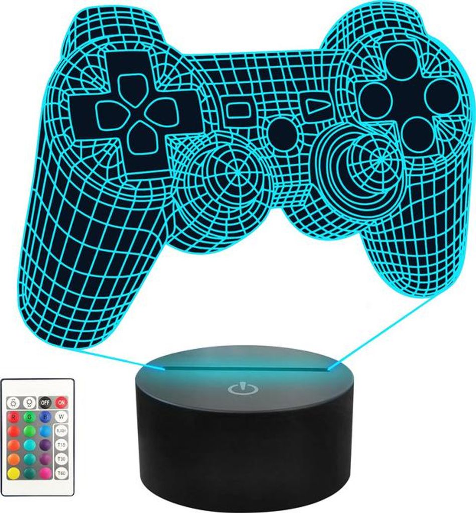 A 3D illusion lamp shaped like a game controller, with a remote control and a black base.
