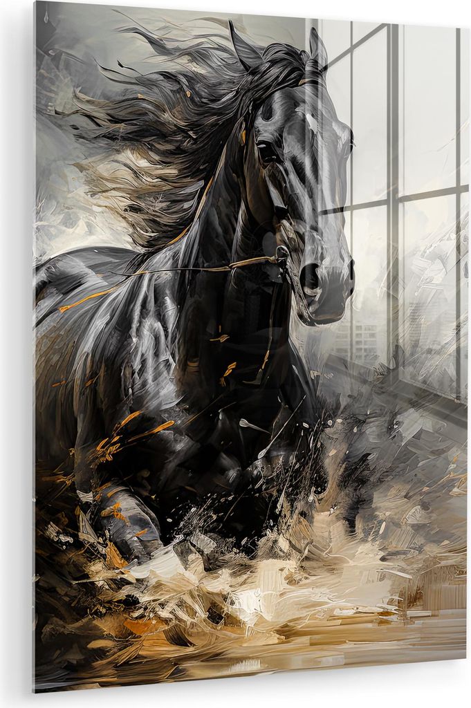 MuchoWow Glasbilder - Bilder auf Wandbild - Foto auf Glas Pferde - Schwarz - Weiß - Tiere 30x40 cm Wanddekoration aus Glas - Acrylglasbild - Acryl...