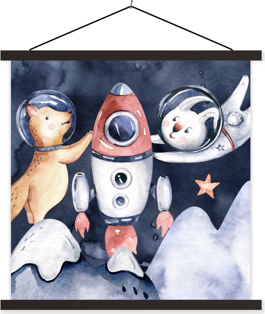 MuchoWow Textilposter Weltraum - Rakete - Kaninchen - Jungen - Mädchen - Kinder 60x60 cm mit schwarzem Rahmen - Posteraufhänger