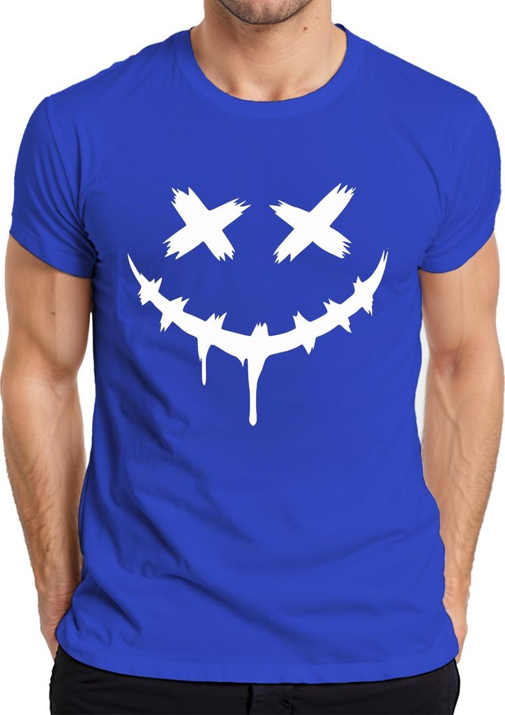 Halloween Gruselig Grinsend Gesicht X Augen Tropfend Stachelig Herren T-Shirt, Blau, L