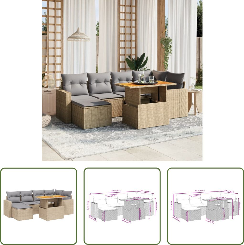 The Living Store 7-tlg. Garten-Sofagarnitur mit Kissen Beige Poly Rattan