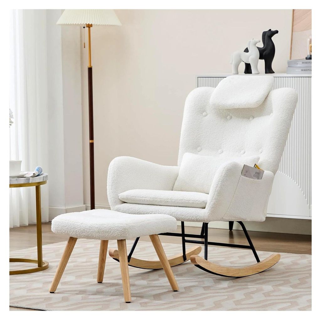 Schaukelstuhl mit Hocker, Sessel mit Armlehnen, Relaxsessel aus Teddysamtstoff, moderner Relaxstuhl, bis 100 kg belastbar, für Wohnzimmer und Schl...