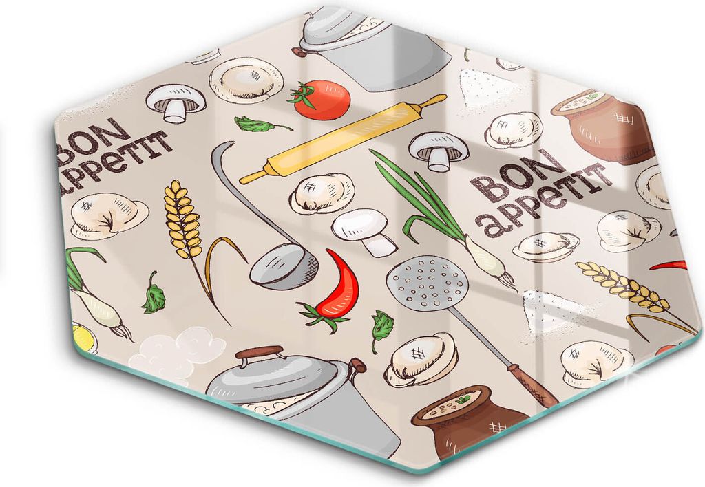 Glasschneideplatte - Herdabdeckplatte - Hexagon 40 cm -Schneidebrett - Spritzschutz - Küchenillustration