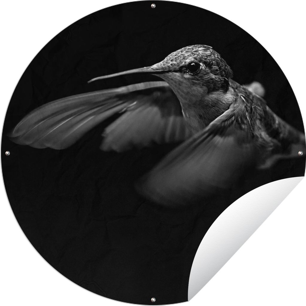 MuchoWow Gartenposter Outdoor-Poster Rund Kolibri - Vogel - schwarz und weiß Ø 120 cm Gartendeko Rundes Poster draußen