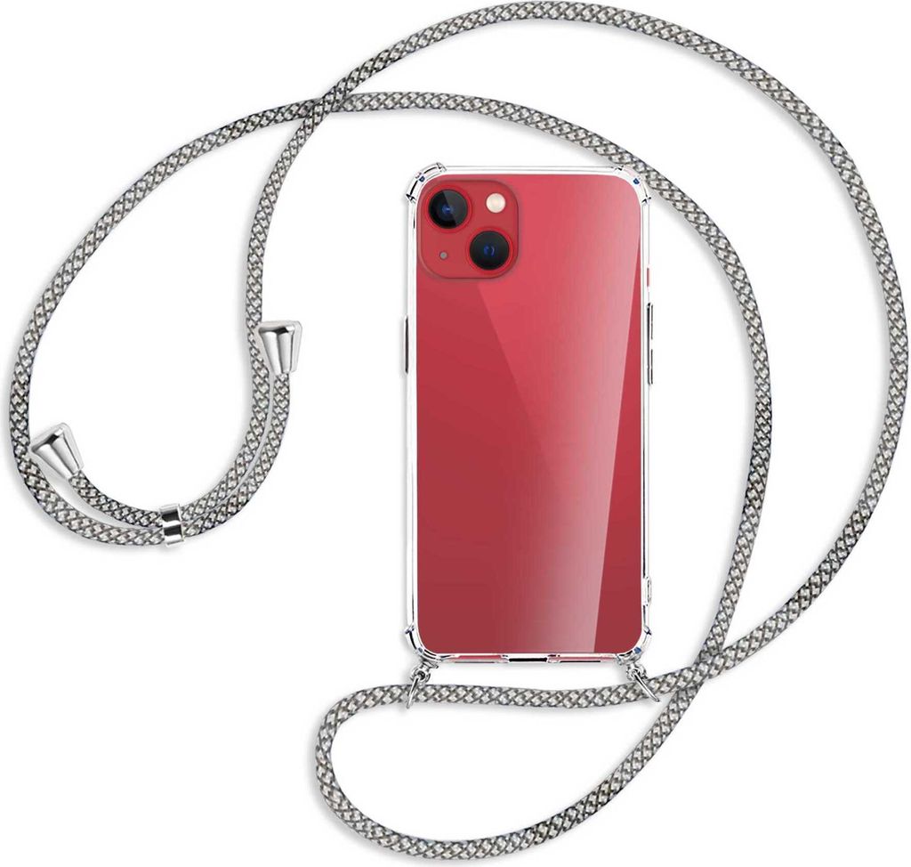 Handykette Backcover-Schutzhülle mit Band (Metall silberfarben) für Apple iPhone 13 - weiß/grau kariert