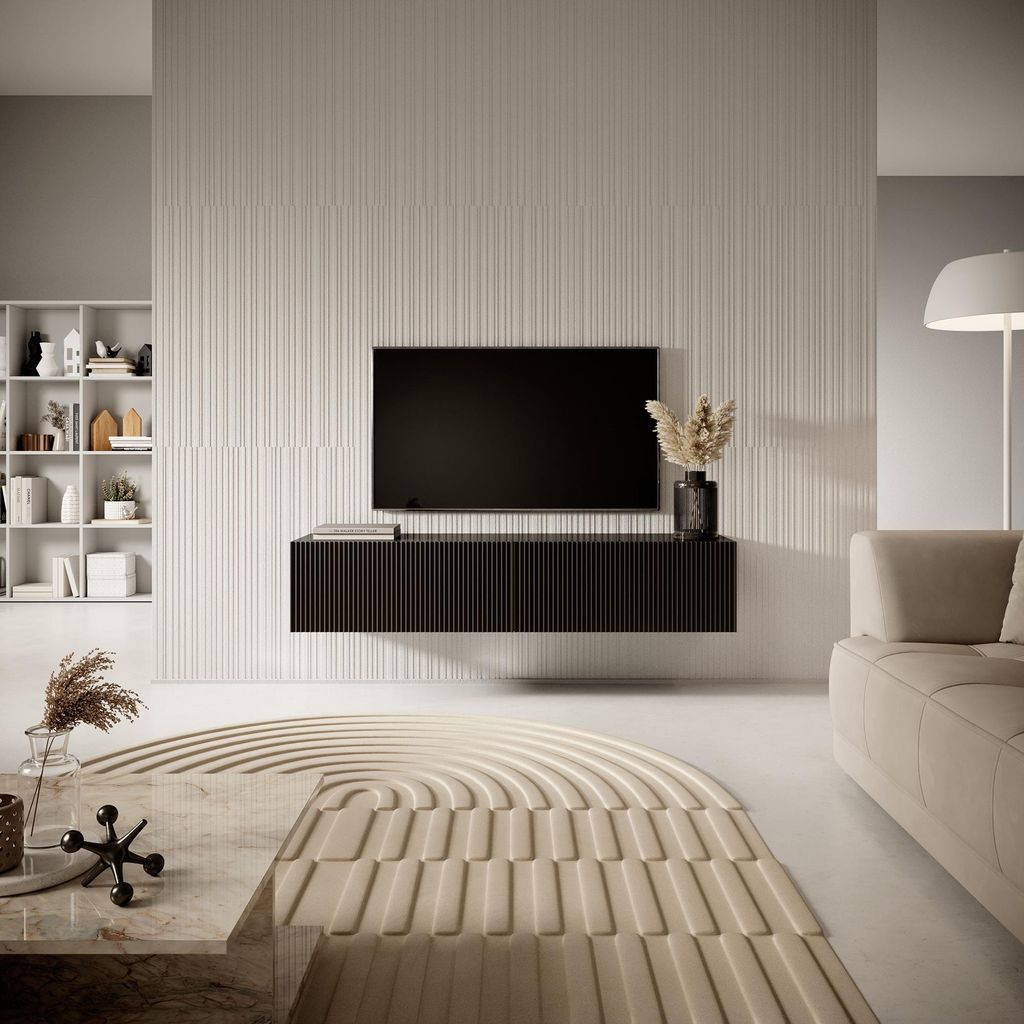 Selsey Veldio - TV-Hängeboard, schwarz mit geriffelten Fronten, 140 cm