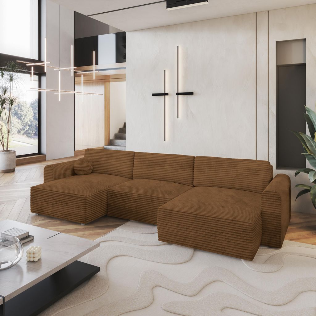 Masseno Ecksofa FENTO mit Schlaffunktion U-Form, Sofa mit Bettkasten, Wohnzimmersofa, Couch, Soffa, Bettsofa, Couchgarnitur- Orange, TILIA 56