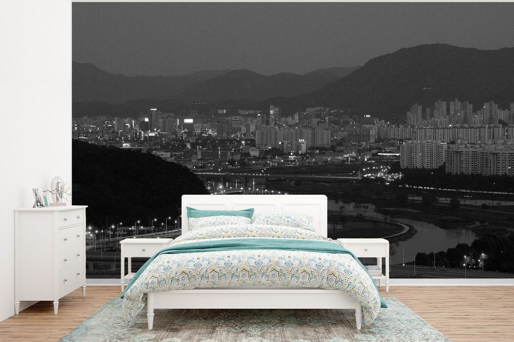 MuchoWow Fototapete für Wohnzimmer oder Schlafzimmer Wandtapete Vinyl Motivtapete Stadtbild des südkoreanischen Daejeon - schwarz-weiß - 375x2...