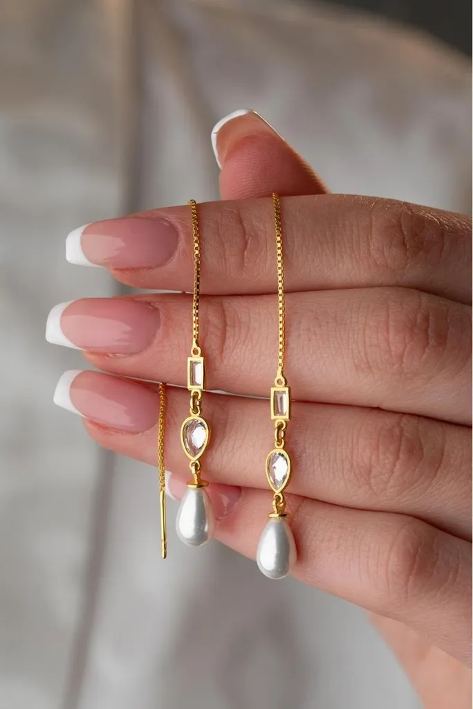 Boucles d'oreilles pendantes anti-allergie en argent 925 et perles or