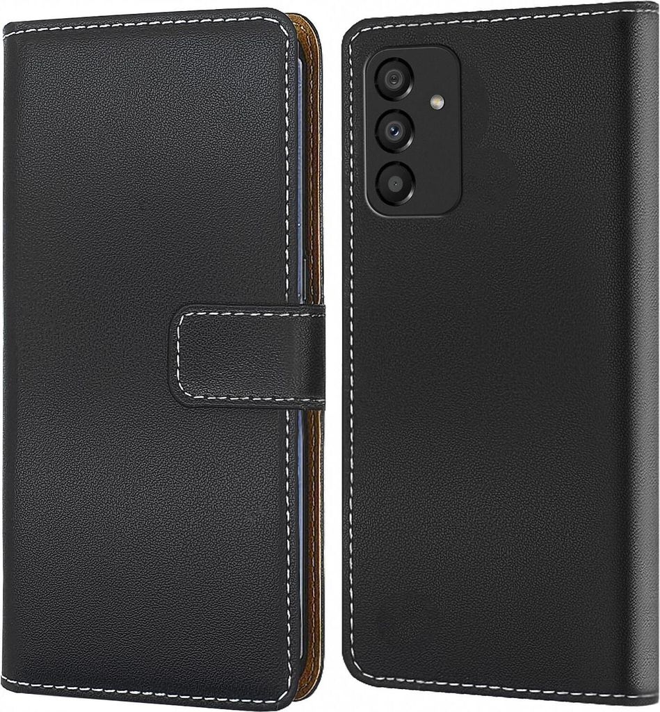 A black flip-style phone case is shown from the front and back.