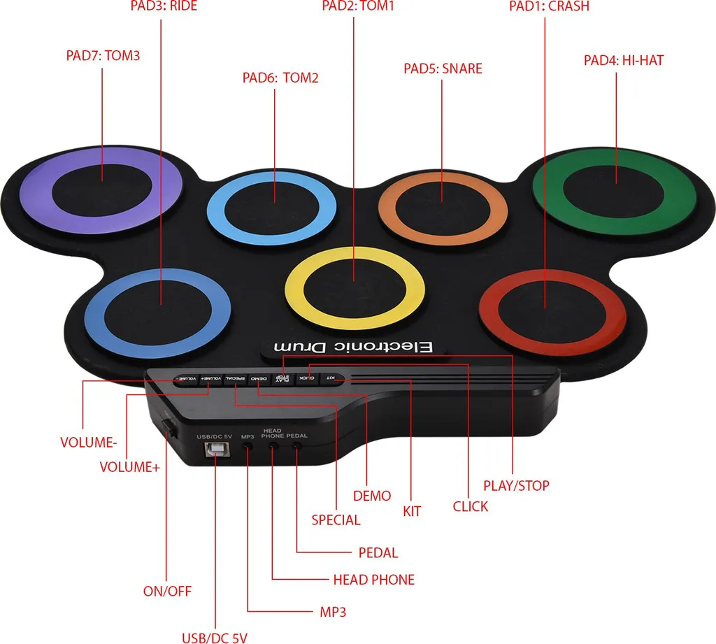 Batterie électronique de table à 7 pads silicone pour entraînement