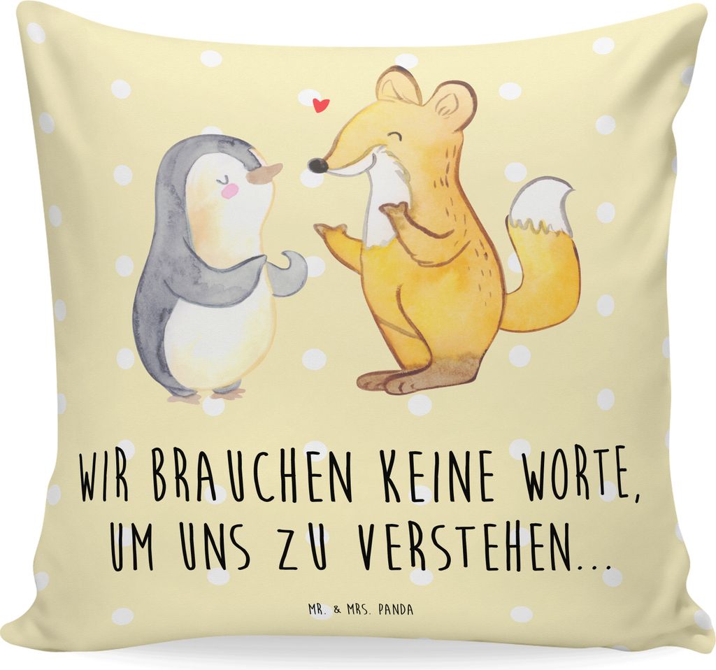 Mr. & Mrs. Panda Sofakissen Fuchs & Pinguin gehörlos - Gelb Pastell - Geschenk, Kissen 40x40, Dekokissen, kuschelkissen, Sofa, Gebärdensprache, zier