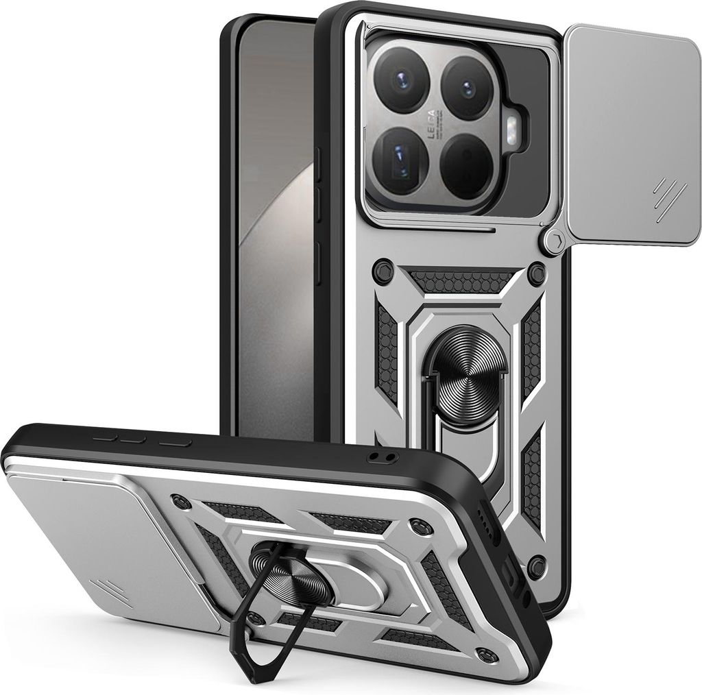 A silver and black phone case with a camera cover and ring holder is shown from two angles against a white background.
