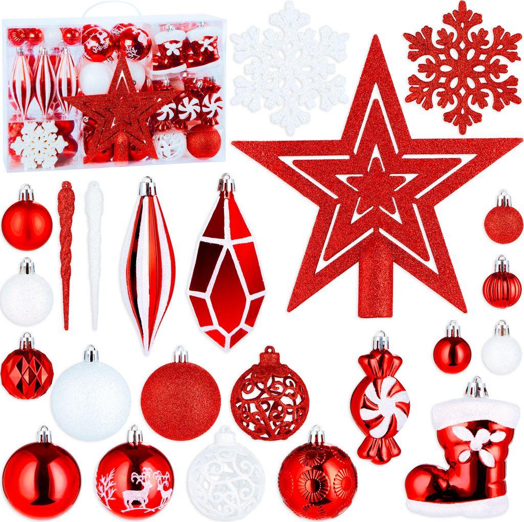 BRUBAKER 128-tlg. Christbaumschmuck - XXL Weihnachtskugel Set - Eiszapfen, Diamant Anhänger, Bonbon, Nikolaus Stiefel, Baumspitze Stern, Rot