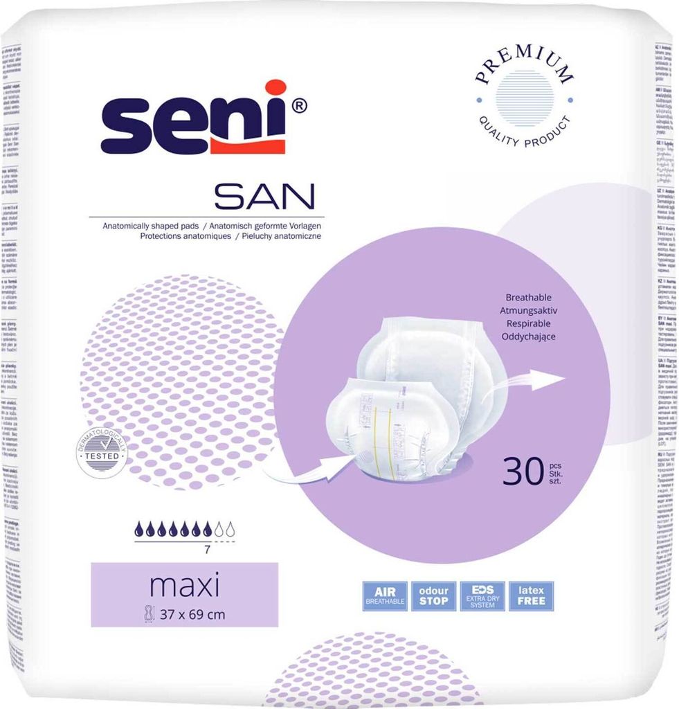 The image shows the packaging of Seni San incontinence pads.