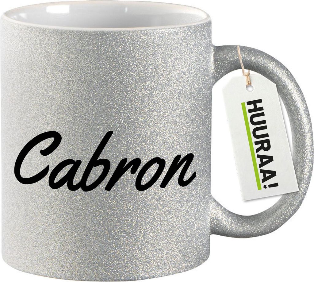 Huuraa Glitzertasse Cabron spanisch Schriftzug 330ml Silber Keramik Kaffeebecher Geschenkidee