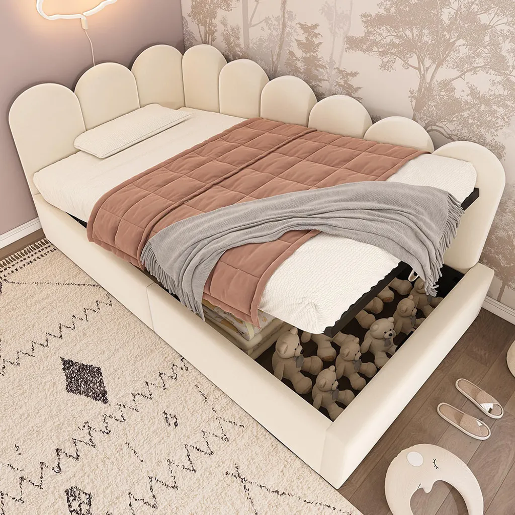 Lit gigogne 90x200 cm avec rangement hydraulique en velours beige