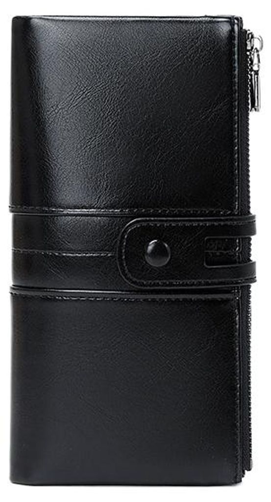 RFID Damen Geldbörse Lang, Vintage Portemonnaie aus Oil-Wax-Leder, Doppelreißverschluss Geldbeutel, Clutch für Damen,Black