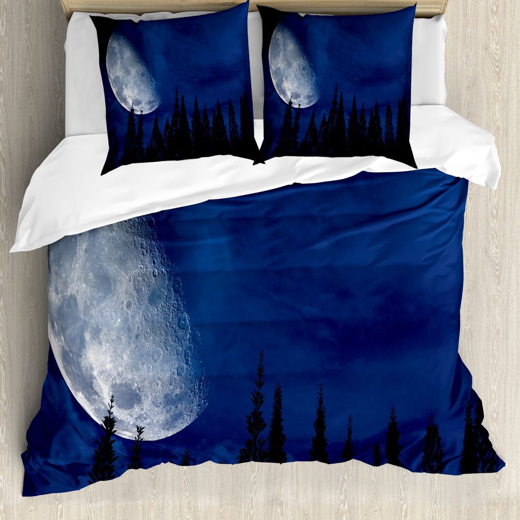 ABAKUHAUS Halbmond Bettbezug Set für Einzelbetten, Wald Nacht Kontur, Milbensicher Allergiker geeignet mit Kissenbezug, 200 cm x 200 cm - 80 x 80 ...