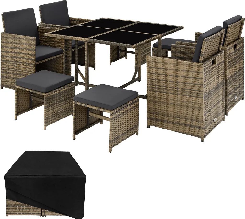 Salon de jardin 8 places BILBAO marron naturel et housse de protection