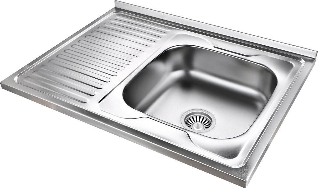 A stainless steel kitchen sink with a draining board.