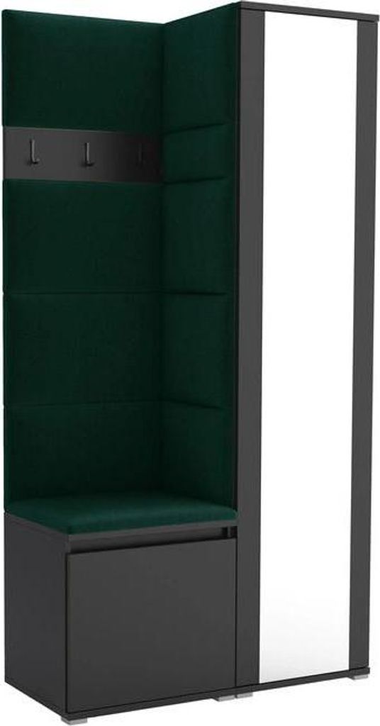 Garderoben-Set Noris VI mit Spiegel, gepolsterte Garderobe 95 cm, kompakte Flurmöbel mit Wandpaneelen, Haken und Stauraum (Farbe: Schwarz + Trinit...