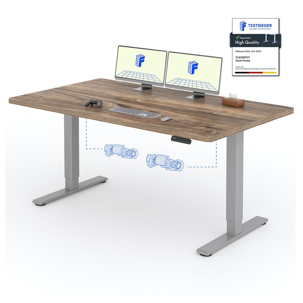 A standing desk with dual monitors, keyboard, and mouse.