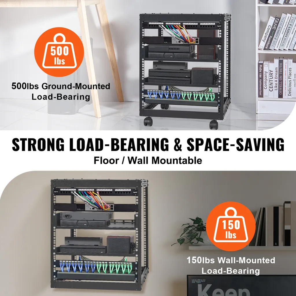 Rack Réseau 12U Profondeur Variable 38-101 cm avec Roulettes et Fixation