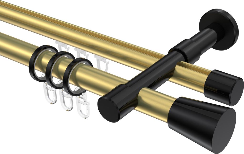 Interdeco Rundrohr-Innenlaufstange / Gardinenstange (Kombination) Messing-Optik / Schwarz, Typ Prestige Sitra (Konus), 20 mm Ø 2-läufig, 220 cm